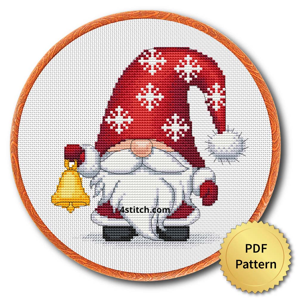 Jingle Bell Christmas Gnome Cross Stitch Pattern shown as finished cross stitch in an embroidery hoop with a gold PDF Pattern medal.