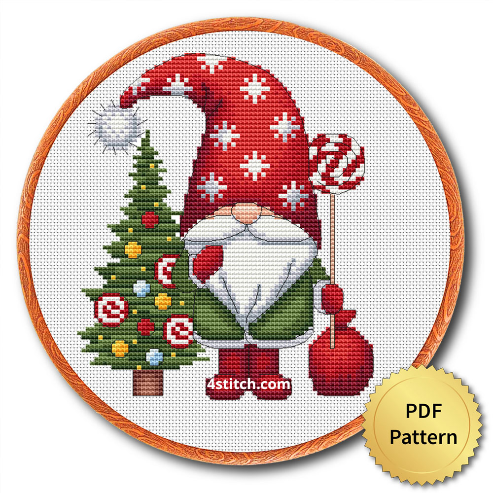 Candy Cane Tree Gnome cross stitch design in an embroidery hoop with a PDF Pattern medal