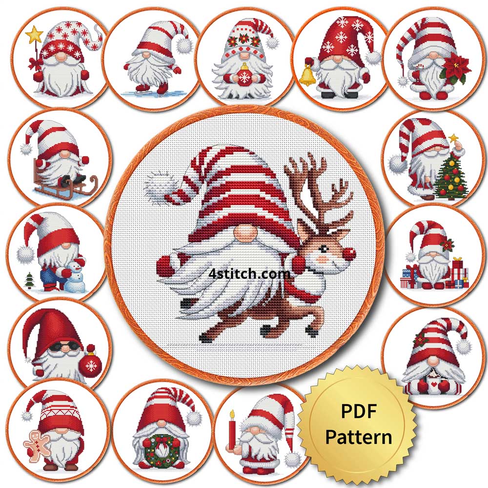 Fifteen Christmas gnome cross stitch designs shown in embroidery hoops with a gold PDF Pattern medal.