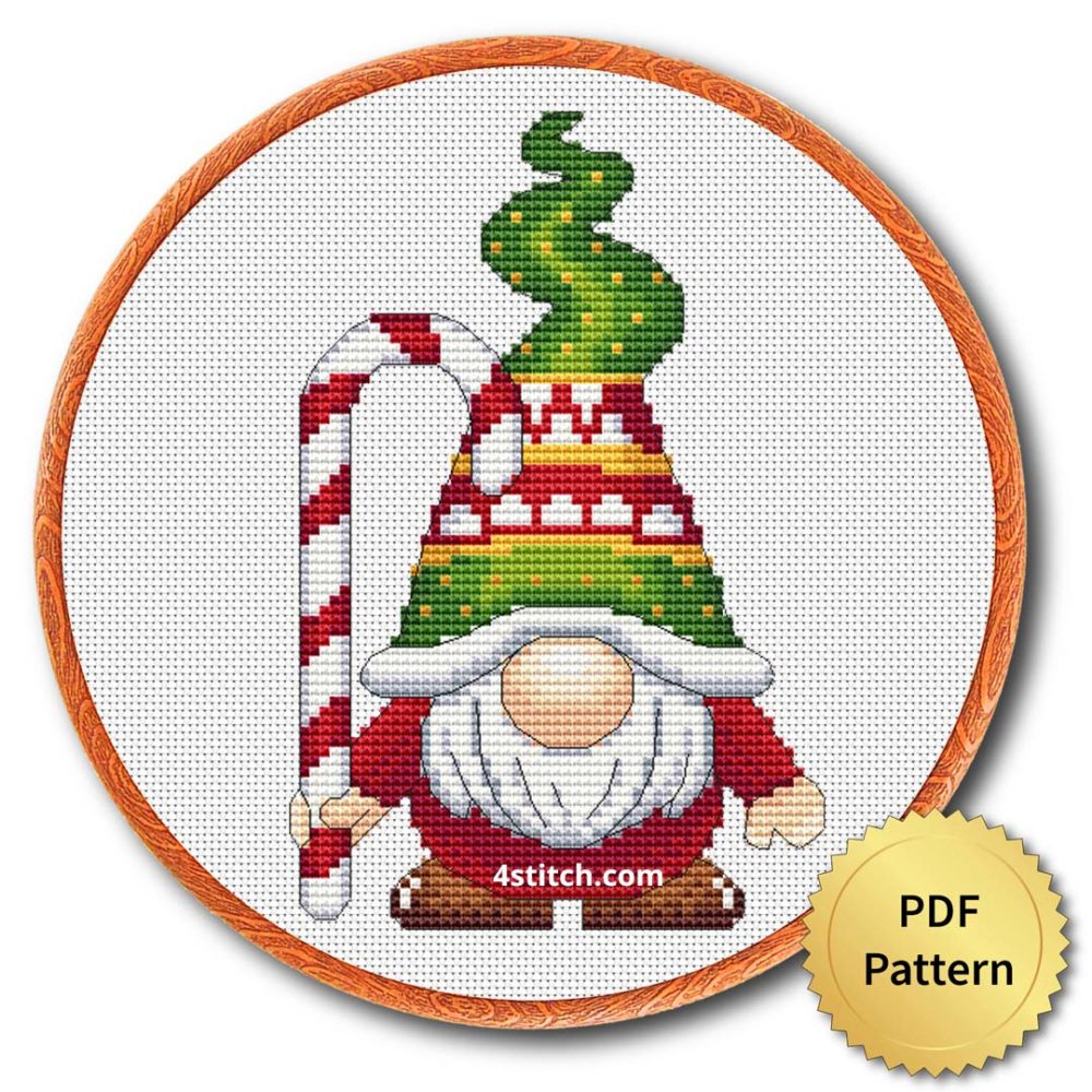 Candy Cane Tree Hat Gnome Cross Stitch Pattern shown in an embroidery hoop with a gold PDF Pattern medal