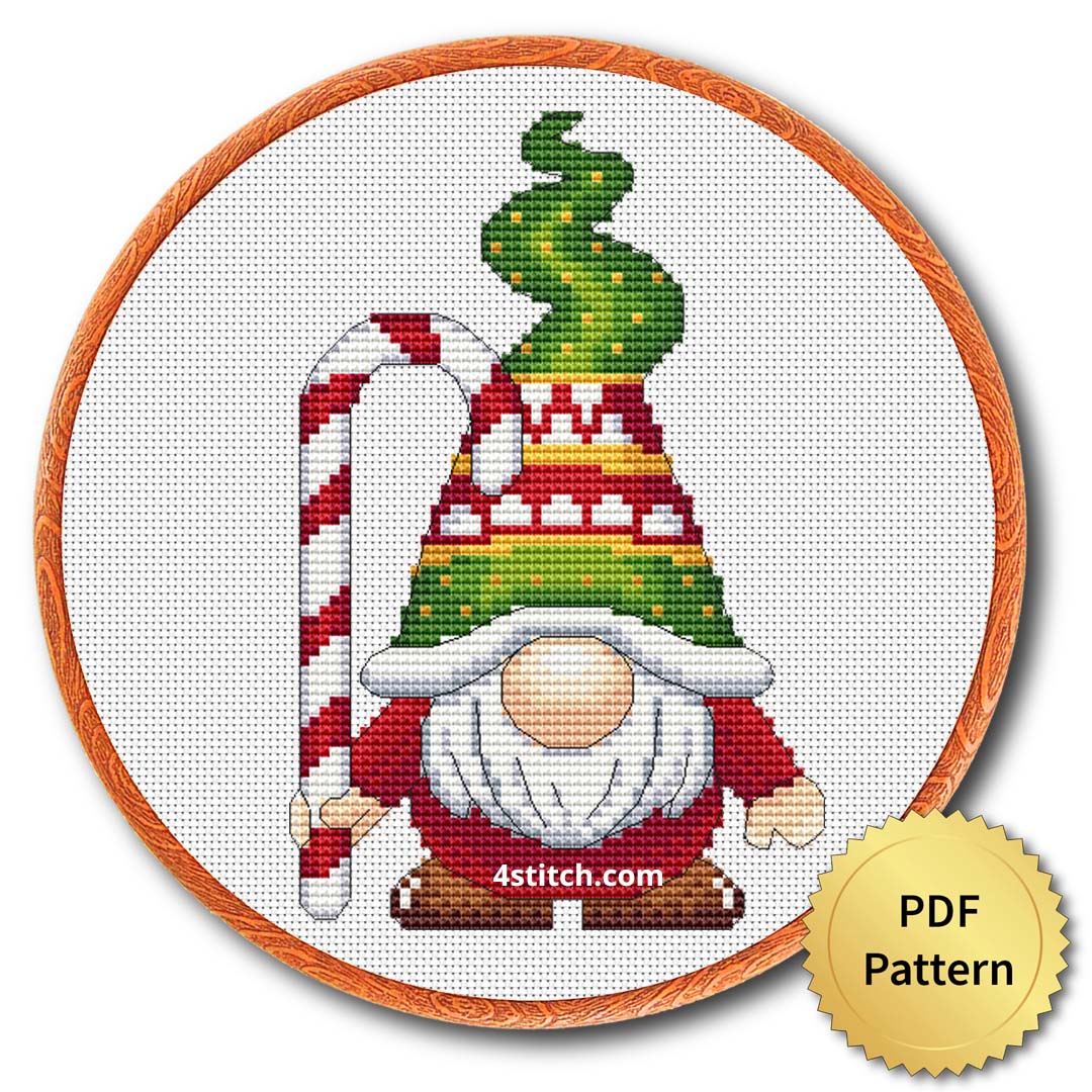 Candy Cane Tree Hat Gnome Cross Stitch Pattern shown in an embroidery hoop with a gold PDF Pattern medal