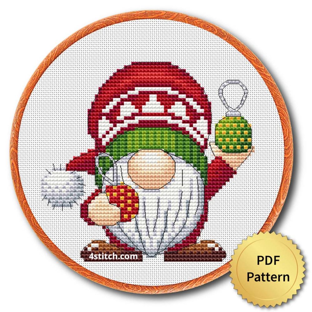 Christmas Ornaments Gnome Cross Stitch Pattern shown in an embroidery hoop with a gold PDF Pattern medal