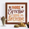 A photo of a coffee-themed cross stitch pattern with the words "coffee is always a good idea" in white and black letters on a light brown background.
