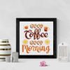 A photo of a coffee-themed cross stitch pattern with the words "coffee is always a good idea" in white and black letters on a light brown background.
