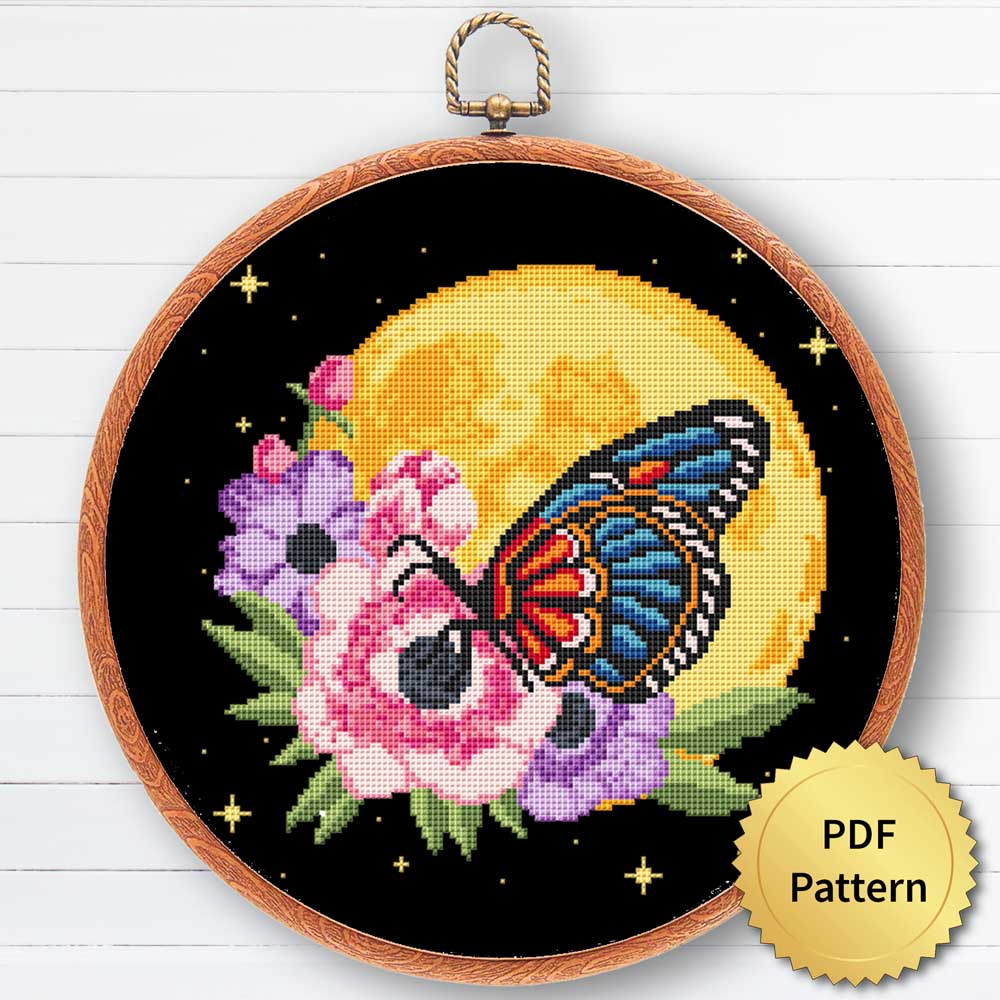 Cottagecore Moth cross stitch pattern - Whimsical and nature-inspired embroidery design