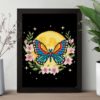 Butterfly moth cross stitch pattern on black canvas, cottagecore style