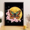 Butterfly moth cross stitch pattern on black canvas, cottagecore style