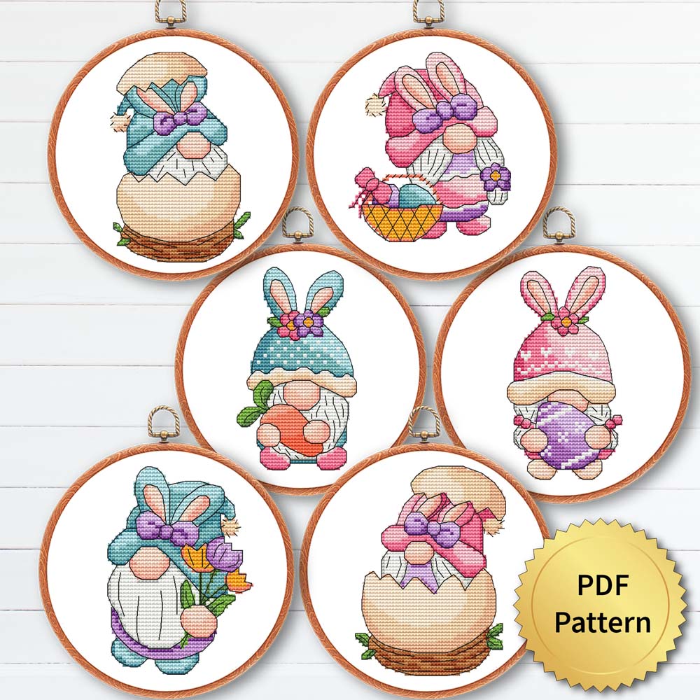 6 Easter gnomes cross stitch pattern