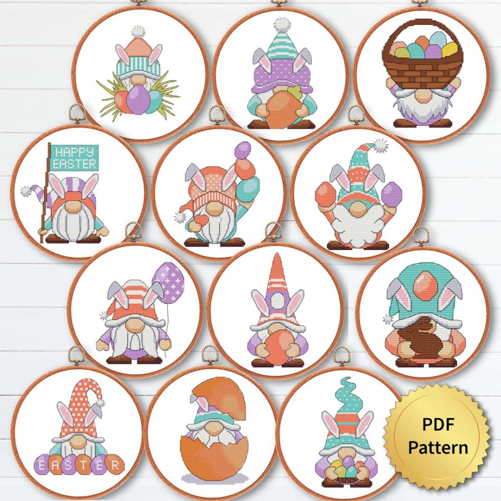 12 Easter gnomes cross stitch pattern