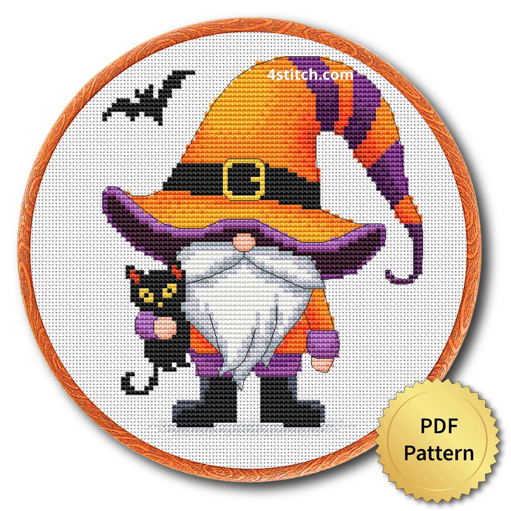 Black Cat Witch Gnome displayed on white Aida in a wooden embroidery hoop with a PDF pattern badge