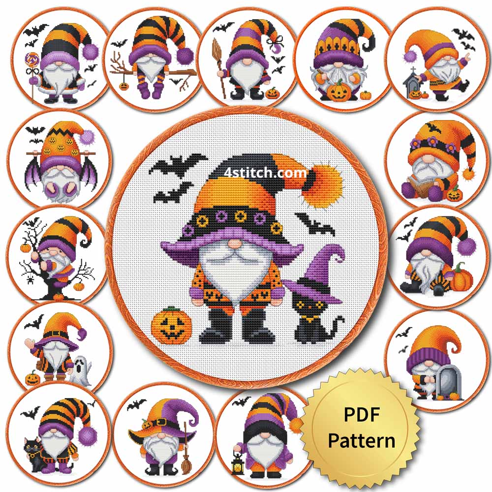 All 15 Halloween gnome cross stitch designs displayed in embroidery hoops with a PDF pattern badge