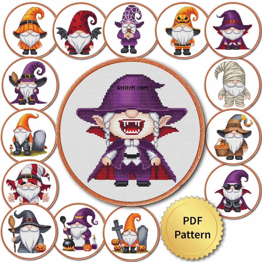 Halloween Gnome Cross Stitch Pattern. SET