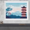 Japanese Nature Cross Stitch Pattern with Cherry Blossom, Mount Fuji, and Crane