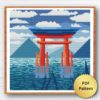 Japanese Nature Cross Stitch Pattern with Cherry Blossom, Mount Fuji, and Crane