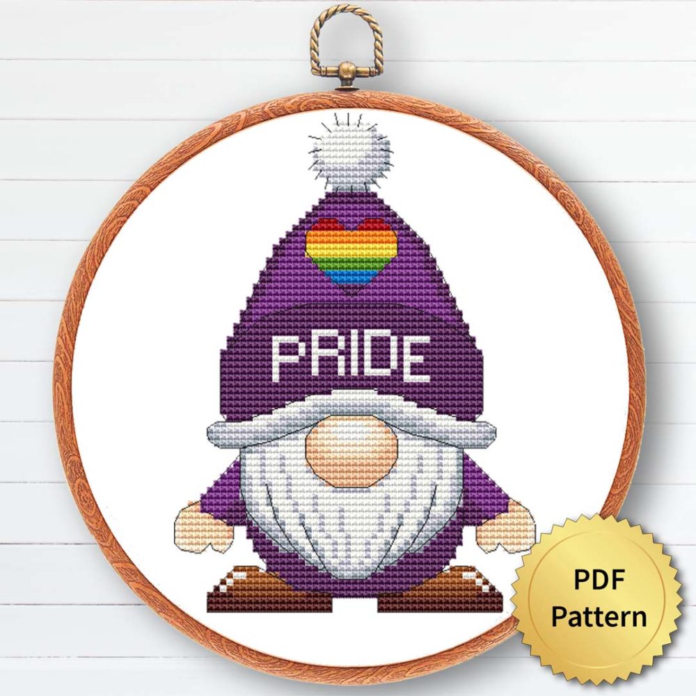 LGBT gnome cross stitch patterns - Rainbow-inspired pride-themed embroidery design