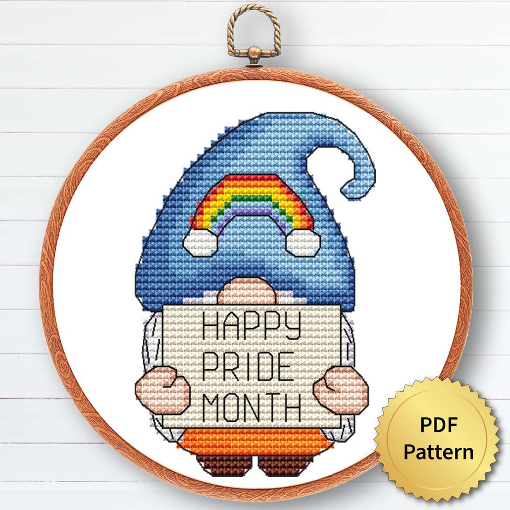 LGBT gnome cross stitch patterns - Rainbow-inspired pride-themed embroidery design
