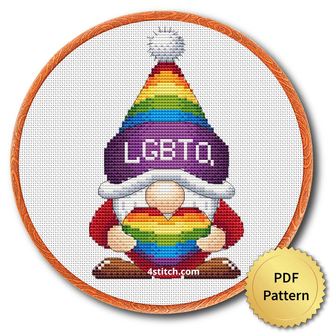 LGBTQ+ gnome cross stitch patterns - Rainbow-inspired pride-themed embroidery design