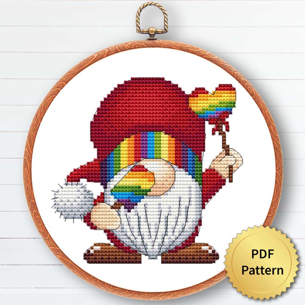 LGBTQ+ gnome cross stitch patterns - Rainbow-inspired pride-themed embroidery design