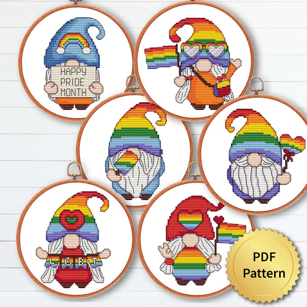 Set of 6 LGBT gnome cross stitch patterns - Rainbow-inspired pride-themed embroidery design