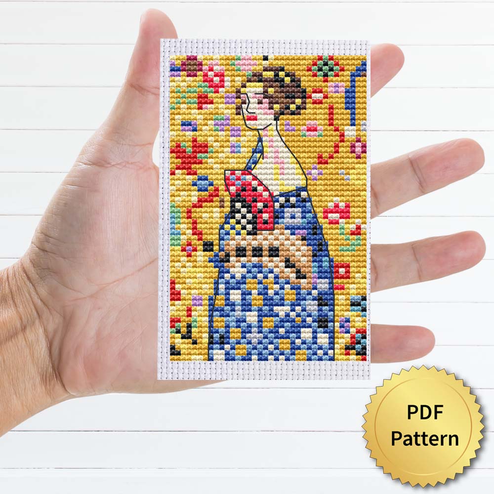 Lady With Fan by Gustav Klimt cross stitch pattern - Artistic embroidery inspired by Klimt's masterpiece