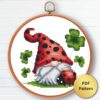 Ladybug Gnome cross stitch pattern - Whimsical embroidery design featuring a cute gnome with a ladybug