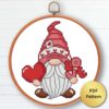 Valentine's Day gnome cross stitch pattern - Festive and romantic embroidery design