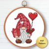 Valentine's Day gnome cross stitch pattern - Festive and romantic embroidery design