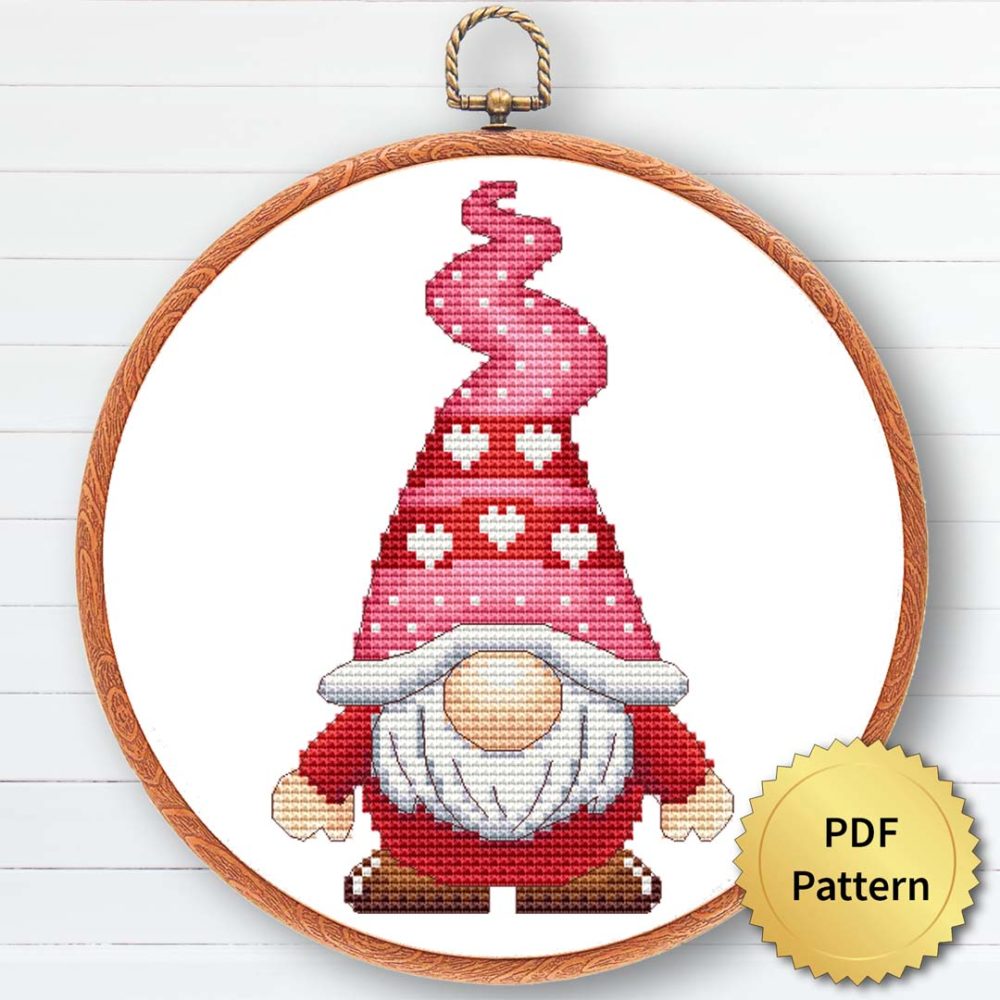Valentine's Day gnome cross stitch pattern - Festive and romantic embroidery design