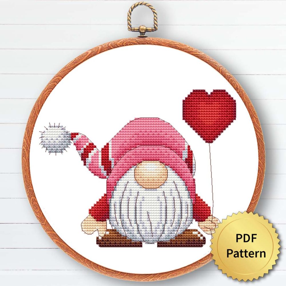 Valentine's Day gnome cross stitch pattern - Festive and romantic embroidery design