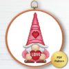 Valentine's Day gnome cross stitch pattern - Festive and romantic embroidery design