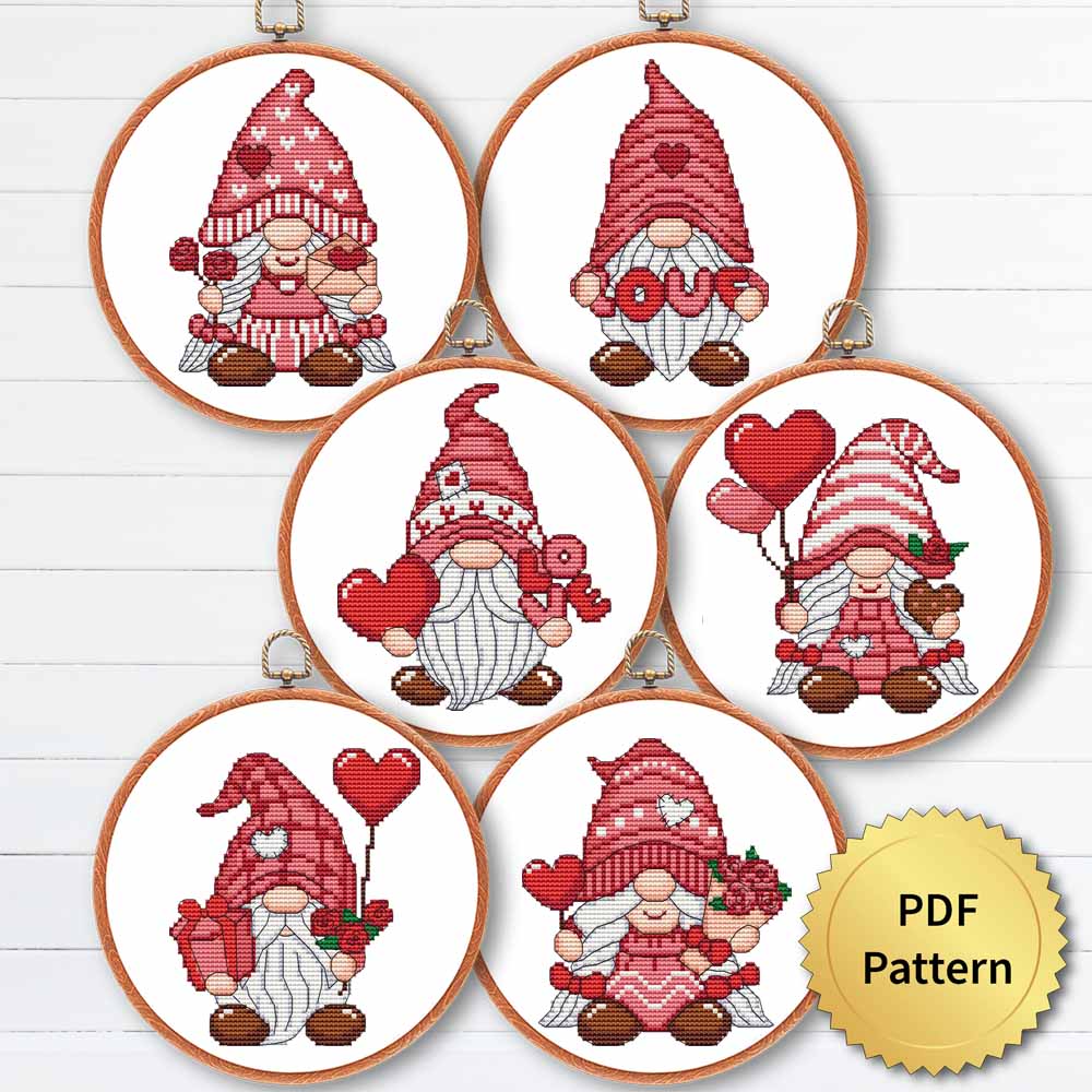 Valentine's Day gnome cross stitch pattern - Festive and romantic embroidery design