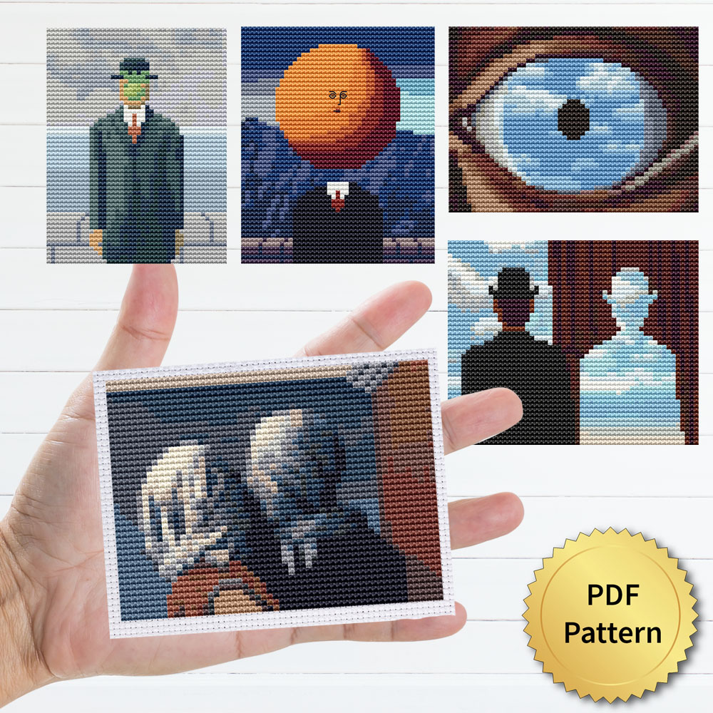 SET of 5 cross stitch pattern featuring a beautiful reproduction of the famous Rene Magritte