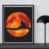 A cross stitch pattern featuring a black cat silhouette against a full moon background, with stars and clouds