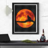 A cross stitch pattern featuring a black cat silhouette against a full moon background, with stars and clouds