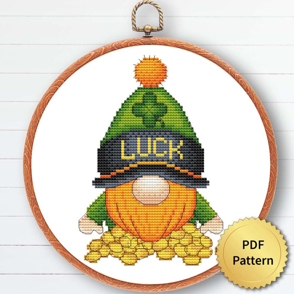 St. Patrick gnome cross stitch pattern - Festive and Irish-themed embroidery design