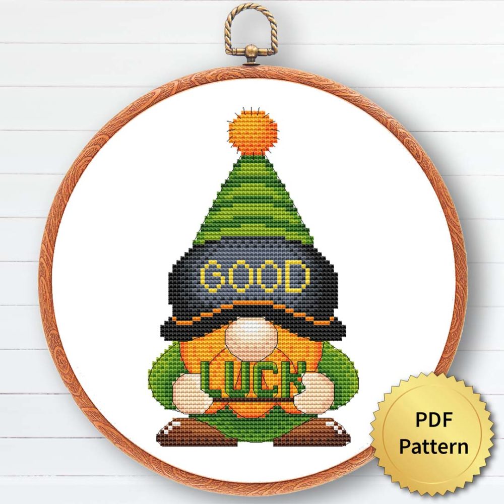 St. Patrick gnome cross stitch pattern - Festive and Irish-themed embroidery design