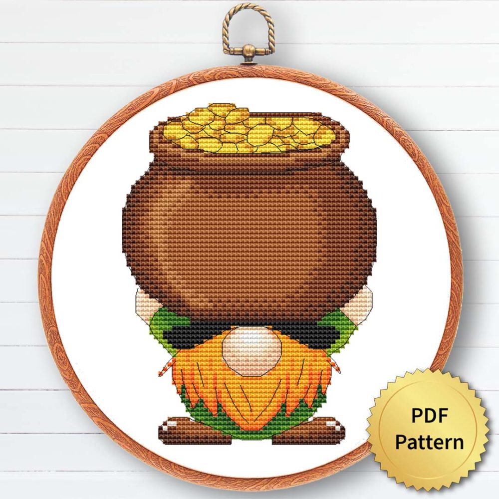 St. Patrick gnome cross stitch pattern - Festive and Irish-themed embroidery design