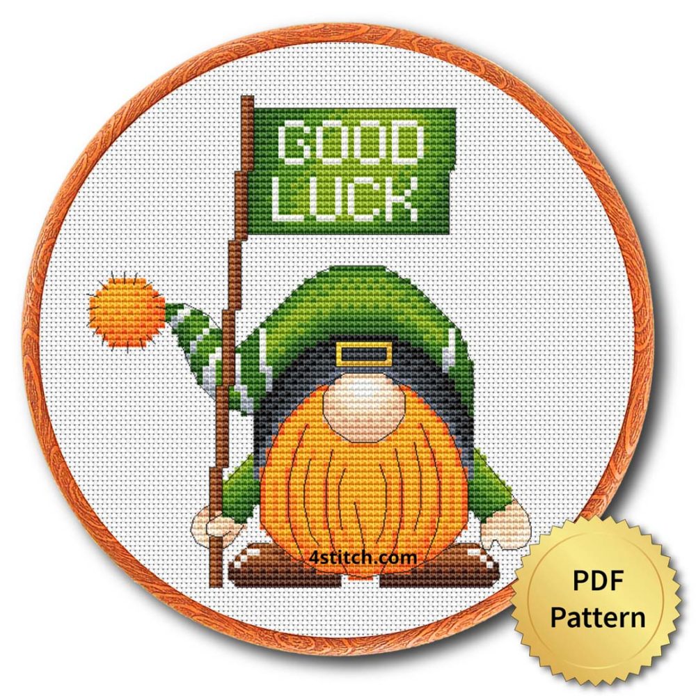 St. Patrick gnome cross stitch pattern - Festive and Irish-themed embroidery design