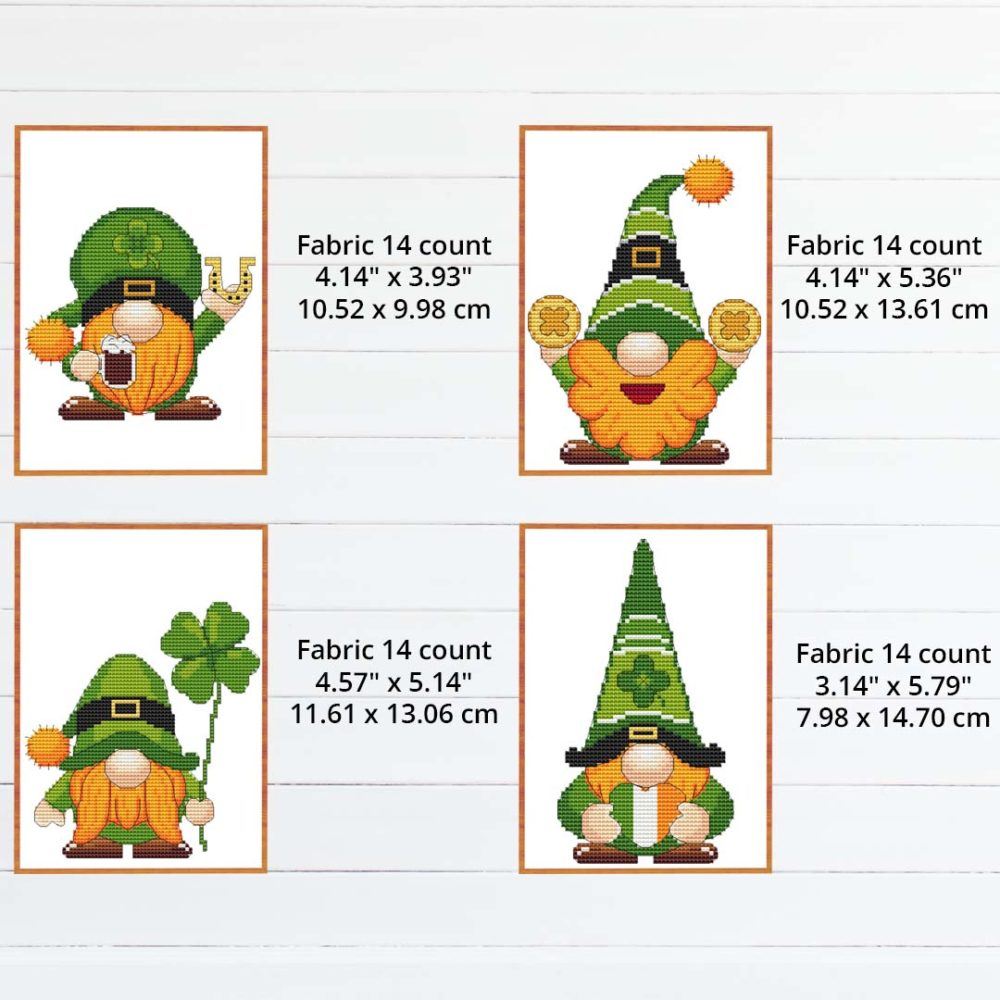 A cross stitch pattern featuring 12 different St. Patrick's Day themed designs, including a shamrock, leprechaun hat, and pot of gold