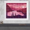 A cross stitch pattern of a pink and orange sunrise over a mountain range, with silhouetted trees in the foreground.