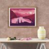 A cross stitch pattern of a pink and orange sunrise over a mountain range, with silhouetted trees in the foreground.