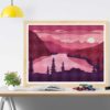 A cross stitch pattern of a pink and orange sunrise over a mountain range, with silhouetted trees in the foreground.