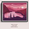 A cross stitch pattern of a pink and orange sunrise over a mountain range, with silhouetted trees in the foreground.