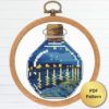 Sea Bottle with Starry Night Over the Rhone by Van Gogh cross stitch pattern featuring a beautiful reproduction of the iconic painting