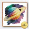 Saturn Cross Stitch Pattern - a planetary embroidery design featuring the ringed planet, suitable for creating space-themed wall art.