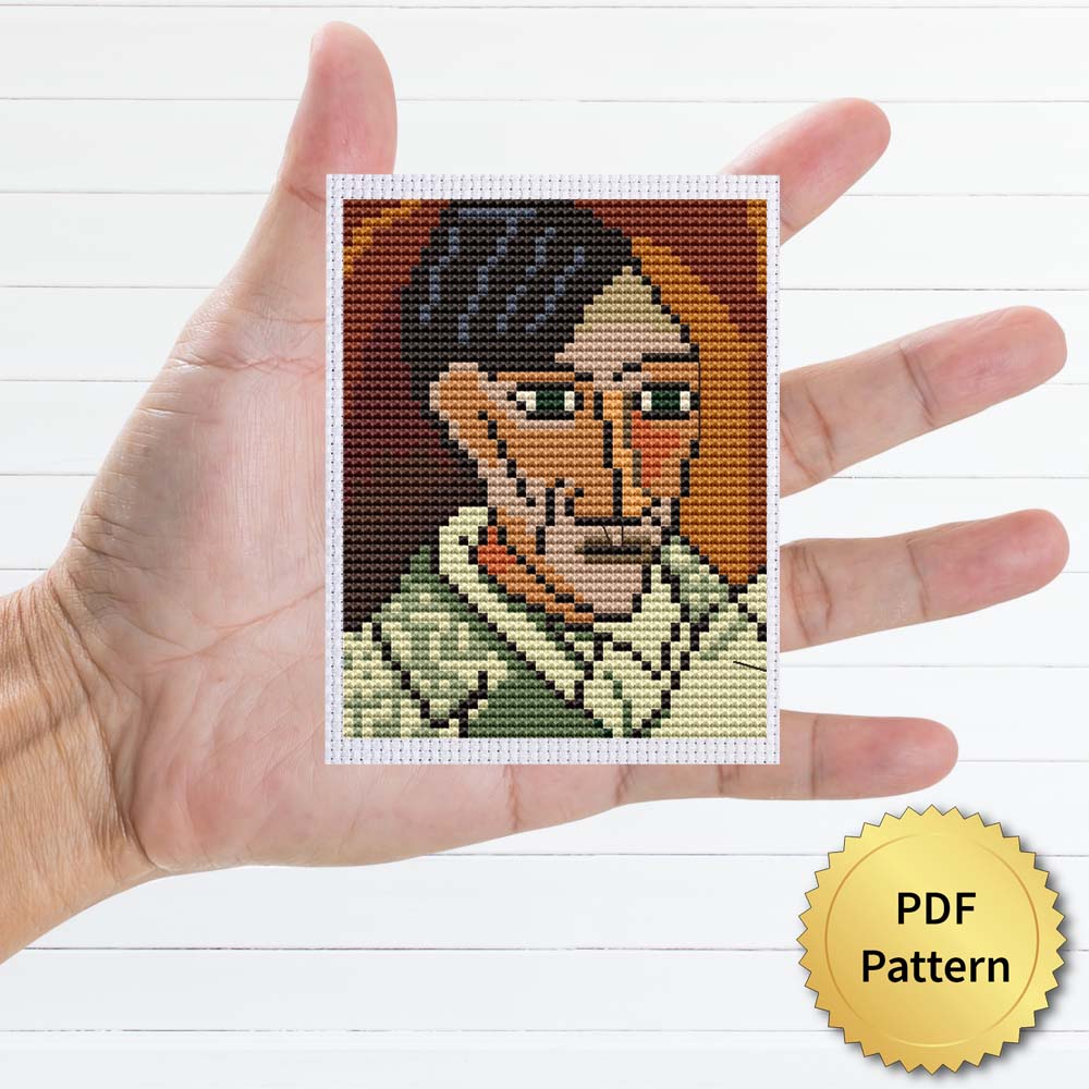 Self-portrait by Pablo Picasso cross stitch pattern featuring a beautiful reproduction of the iconic painting
