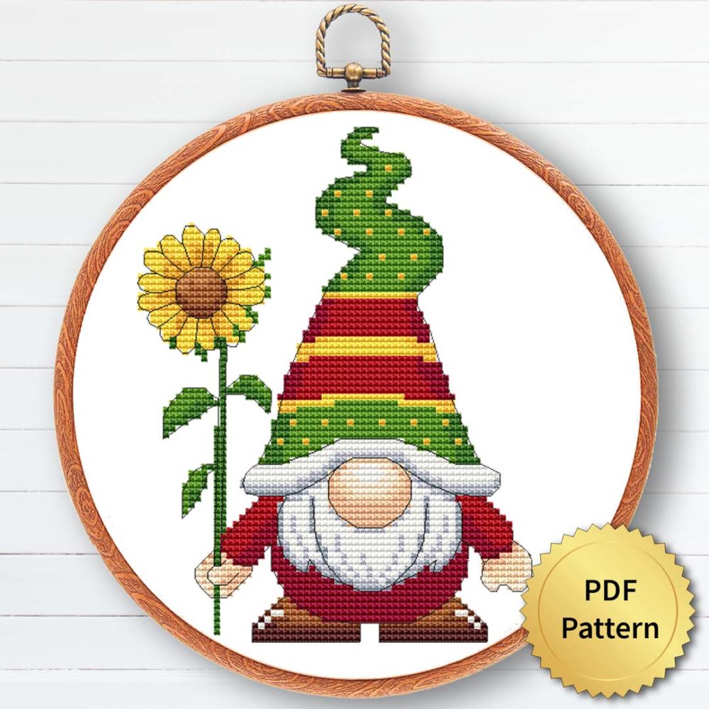 Summer gnome cross stitch pattern - Festive , beach, bee, sunflower, watermelon, see embroidery design