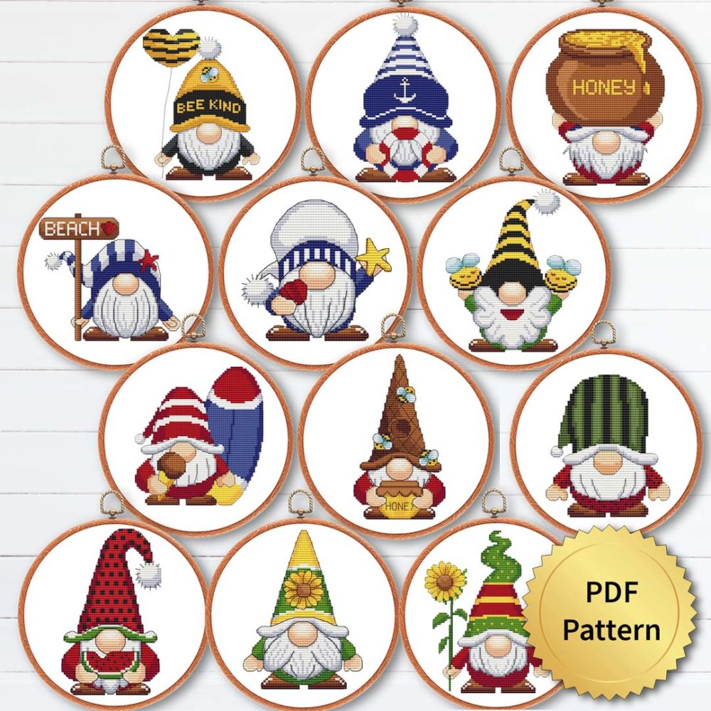 Set of 12 Summer gnomes cross stitch pattern - Festive , beach, bee, sunflower, watermelon, see embroidery design