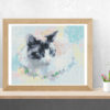 A cross stitch pattern featuring a watercolor style cat with bright blue eyes and a playful expression