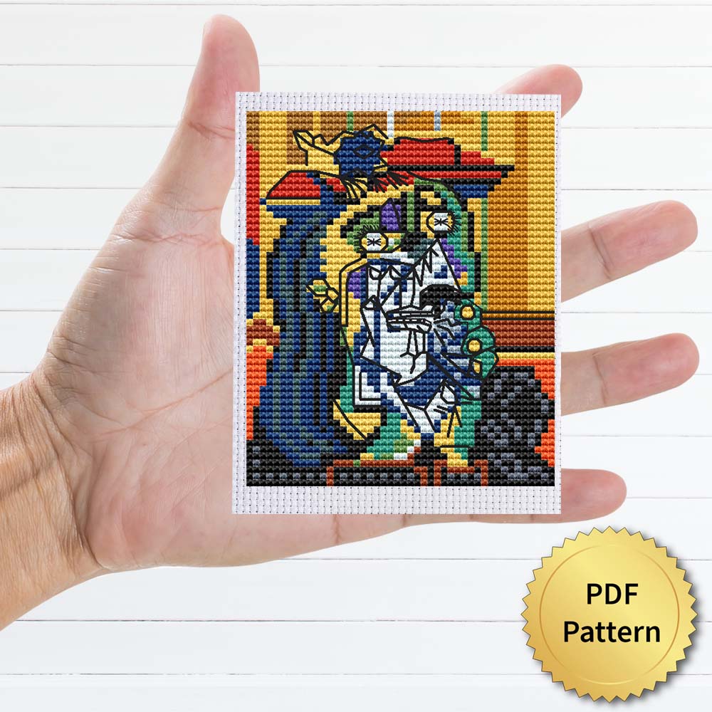 Weeping woman by Pablo Picasso cross stitch pattern featuring a beautiful reproduction of the iconic painting